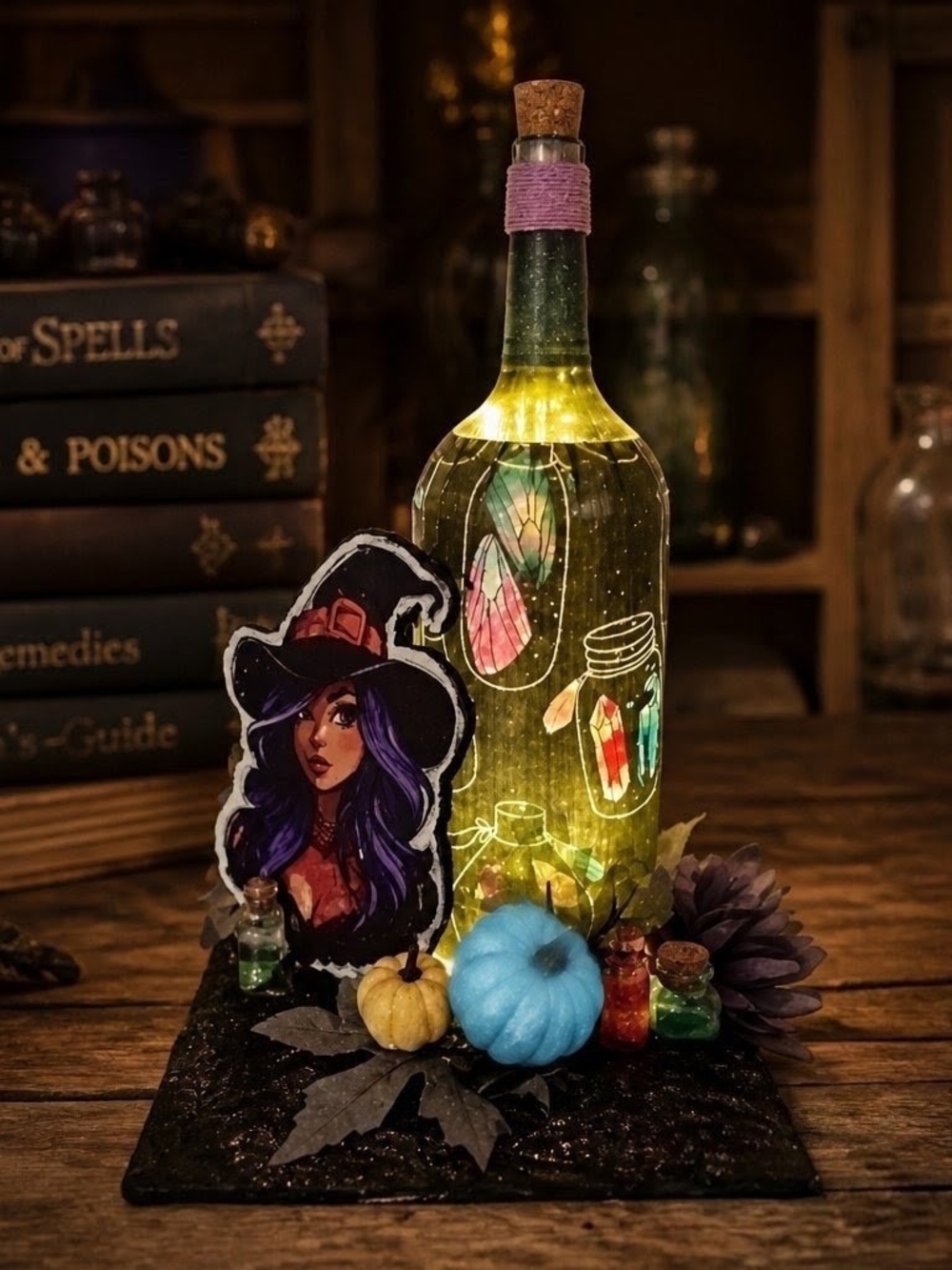 Handcrafted Witch Bottle Light with Purple & Teal Accents